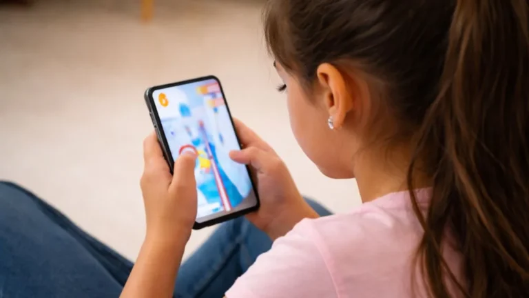 Menina Vista De Costas, Com Cabelo Preso Em Rabo De Cavalo, Segurando Um Smartphone Com As Duas Mãos Enquanto Joga Um Game Colorido Em Ambiente Interno, Com Foco Na Tela E Fundo Desfocado.