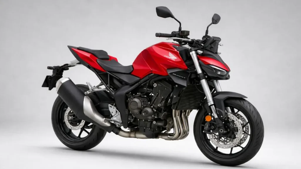 Honda Cb 1000 Hornet Vermelha Em Estúdio, Com Design Agressivo, Motor Exposto E Linhas Modernas De Naked Esportiva