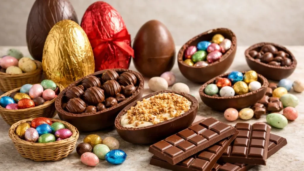 Bancada De Pedra Clara Com Diversos Chocolates De Páscoa Organizados, Incluindo Ovos Grandes E Pequenos, Alguns Abertos Com Recheios, Mini Ovos Coloridos Em Cestinhas E Barras De Chocolate Ao Fundo.