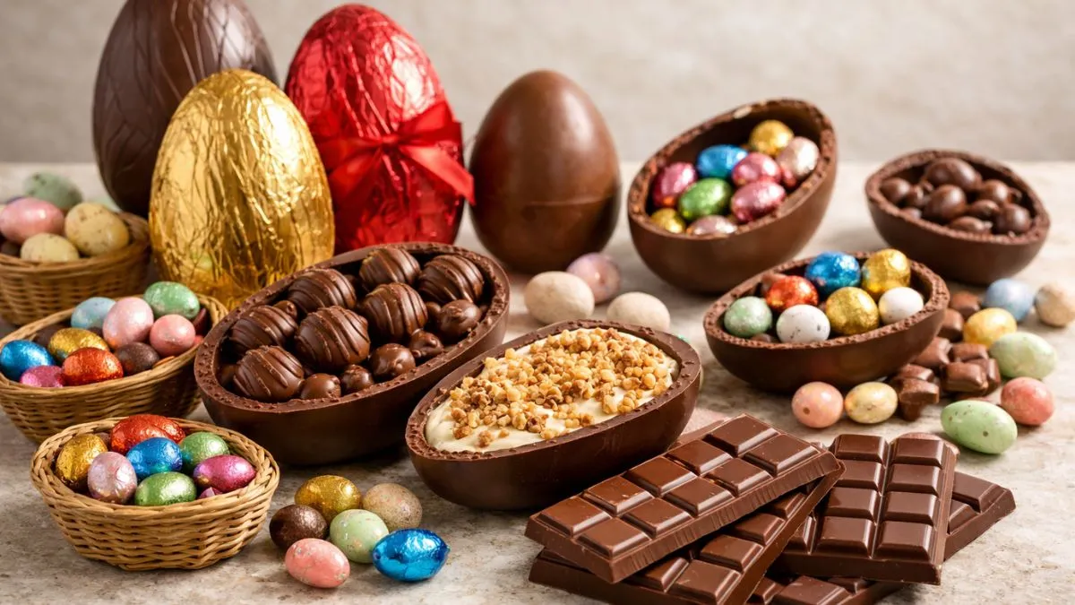 Bancada de pedra clara com diversos chocolates de Páscoa organizados, incluindo ovos grandes e pequenos, alguns abertos com recheios, mini ovos coloridos em cestinhas e barras de chocolate ao fundo.