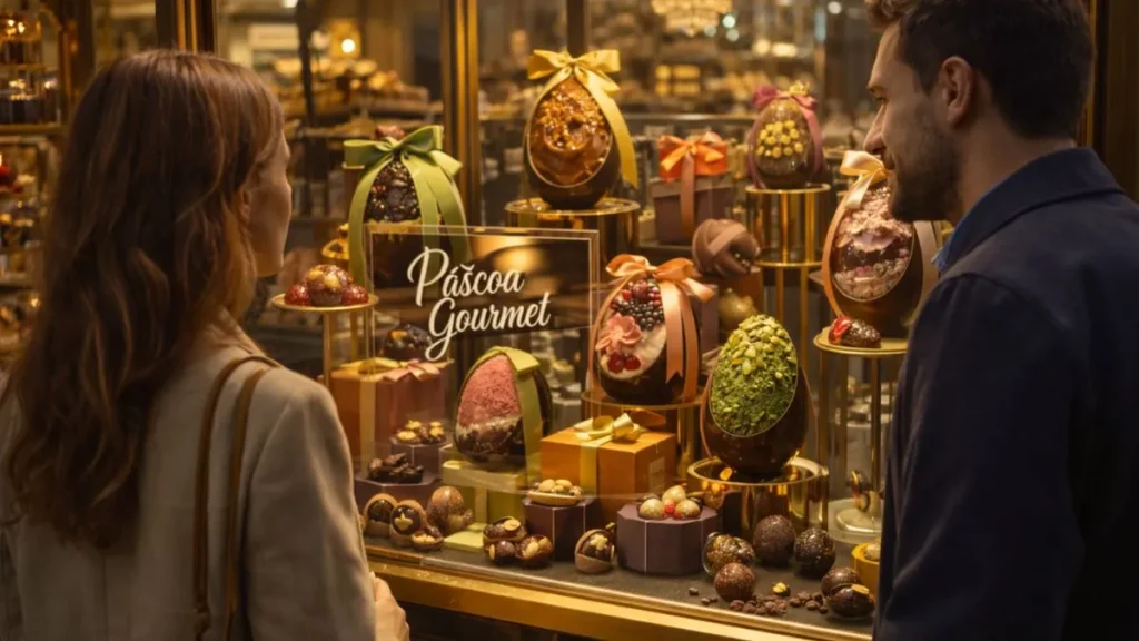 Casal Observa Vitrine Sofisticada De Loja De Chocolates Com Ovos De Páscoa Premium Iluminados Em Ambiente Requintado E Acolhedor.