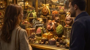 Casal Observa Vitrine Sofisticada De Loja De Chocolates Com Ovos De Páscoa Premium Iluminados Em Ambiente Requintado E Acolhedor.