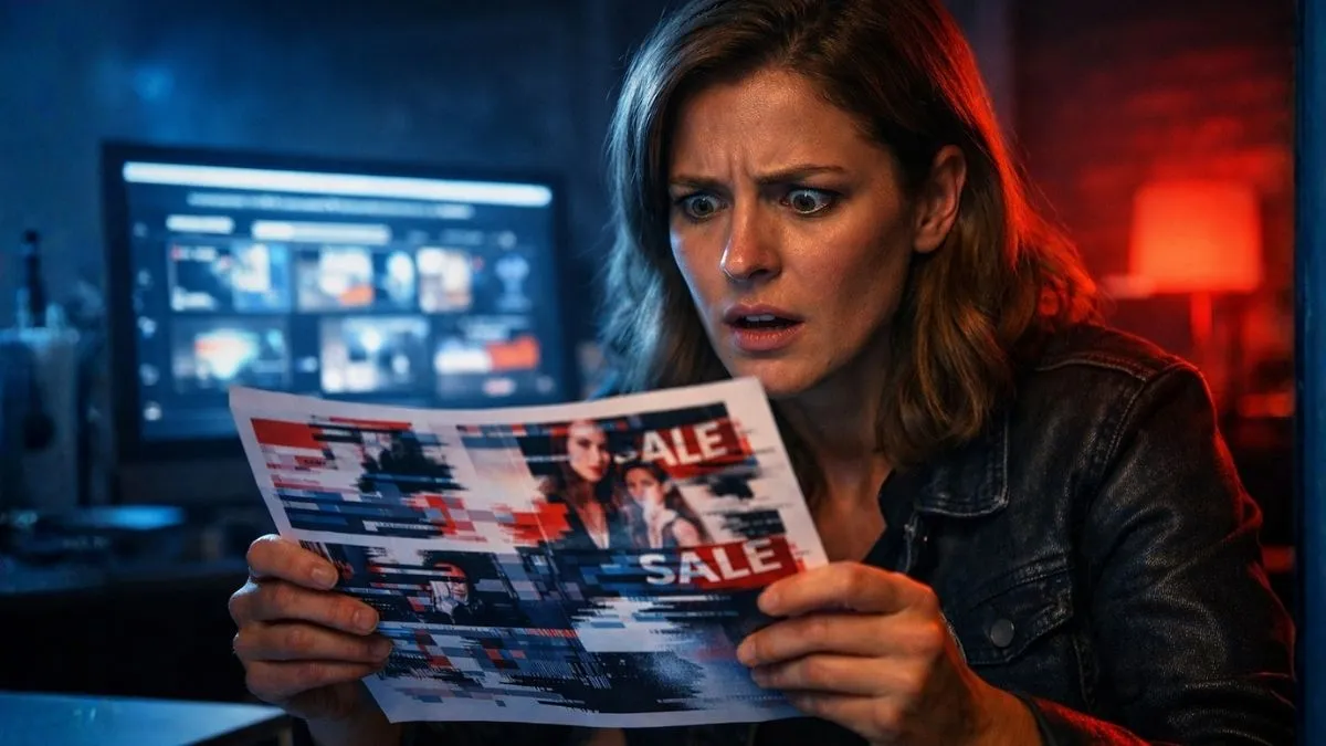 Profissional de marketing com expressão de choque analisa material publicitário distorcido em ambiente digital iluminado por luzes azul e vermelha, simbolizando impacto da inteligência artificial na publicidade.