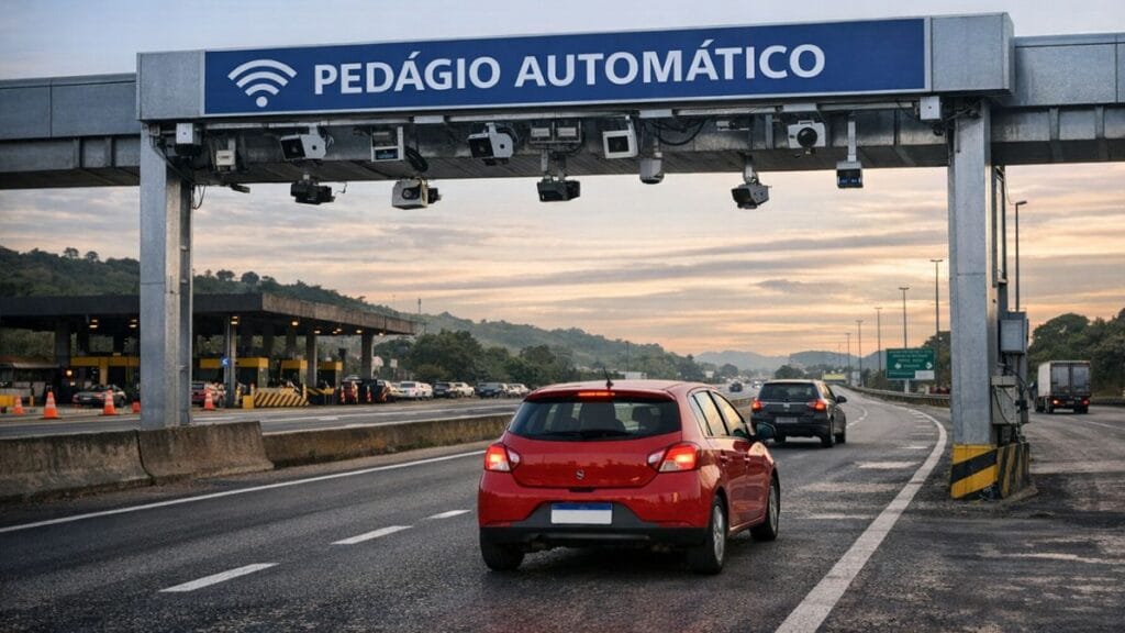 Carro Passando Por Pedágio Eletrônico Free Flow Em Rodovia Brasileira, Com Sensores E Câmeras Substituindo Cancelas Tradicionais Ao Entardecer