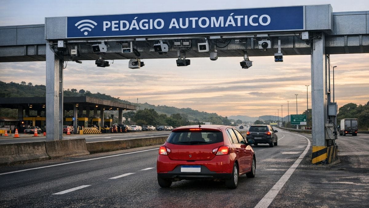 Carro passando por pedágio eletrônico free flow em rodovia brasileira, com sensores e câmeras substituindo cancelas tradicionais ao entardecer
