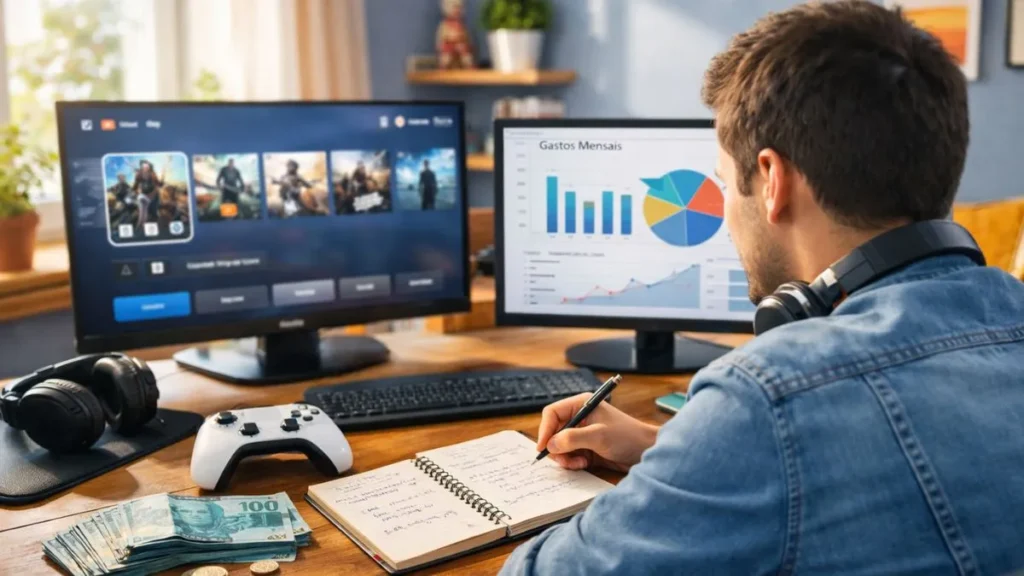 Ps5 Acima De R$ 5 Mil Muda O Jogo E Força Nova Forma De Decidir Em 2026 3 Homem Analisando Custos De Videogame Em Mesa Com Ps5, Dinheiro, Moedas E Duas Telas Exibindo Jogo E Gráfico Financeiro Em Ambiente Propício