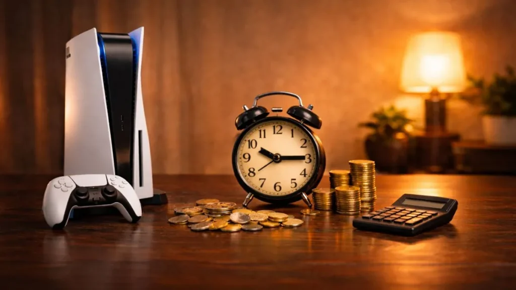 Playstation 5 Sobre Mesa Com Relógio Analógico, Moedas E Calculadora, Simbolizando Decisão Entre Comprar Agora Ou Esperar