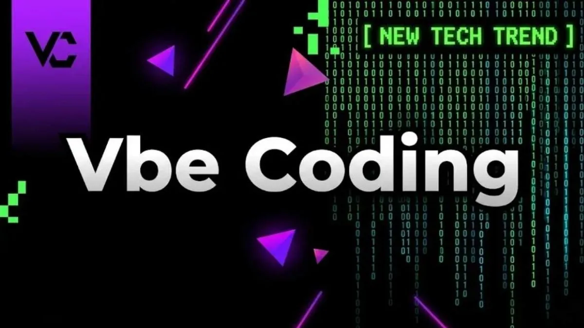 Ilustração Digital Com Fundo Escuro E Códigos Binários Verdes Formando Silhueta Tecnológica, Acompanhada Do Termo “Vibe Coding” Em Destaque.