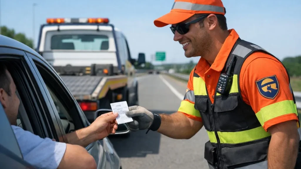 Socorrista Uniformizado Atende Motorista Em Rodovia Enquanto Recebe Recibo De Pedágio Pela Janela Do Carro, Com Guincho Posicionado À Frente Para Remoção Do Veículo Em Dia Claro