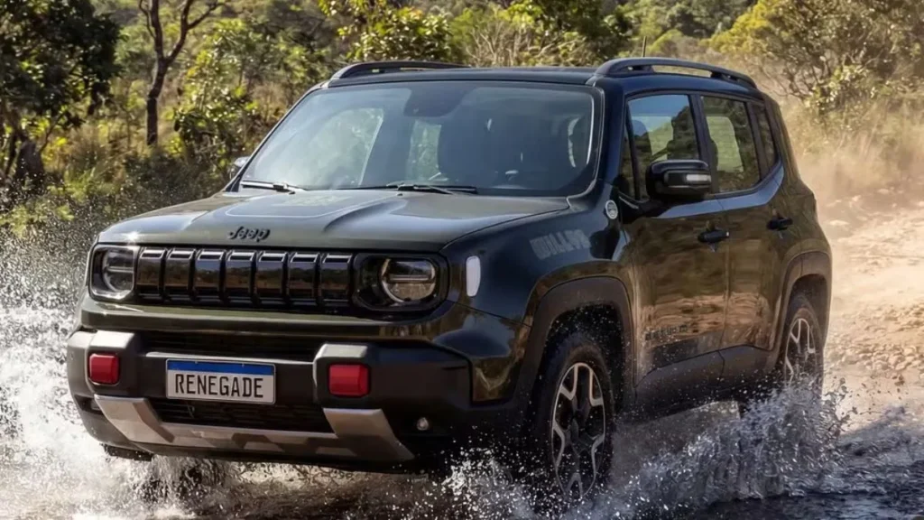 Jeep Renegade Em Estrada De Terra Atravessando Água Com Suv Em Movimento E Destaque Para Desempenho Fora De Estrada
