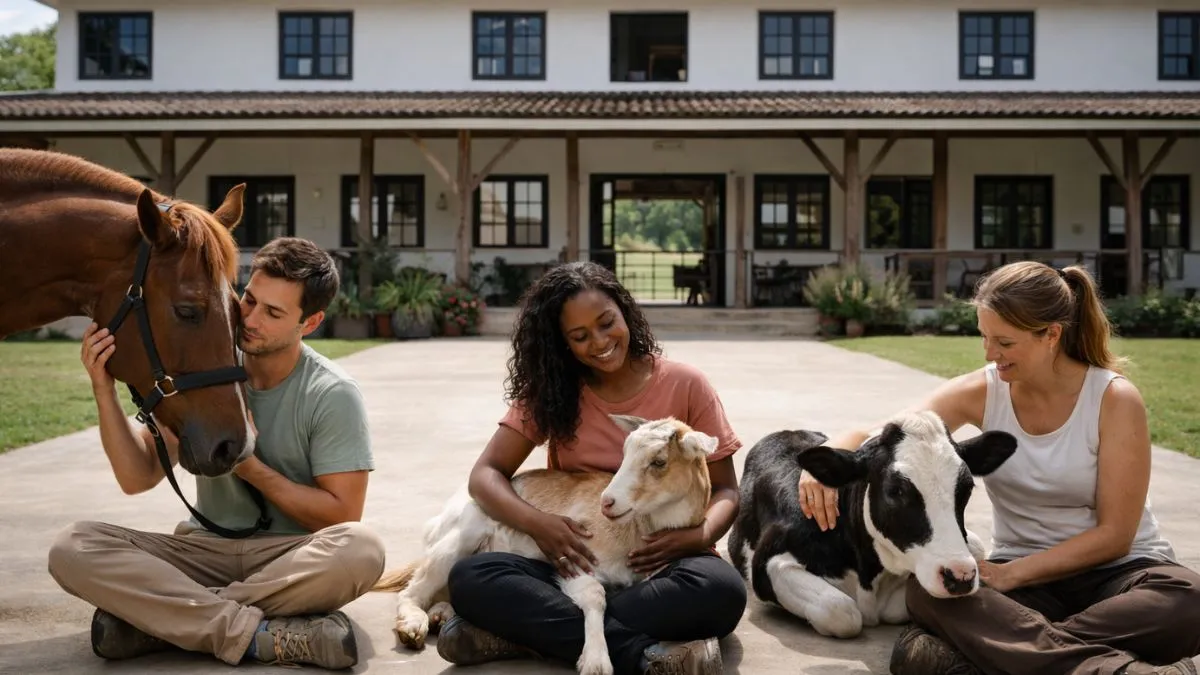 Pessoas Participam De Terapia Assistida Por Animais Em Uma Fazenda Terapêutica, Sentadas No Chão Com Cavalo, Cabra E Vaca Diante De Um Casarão Rural