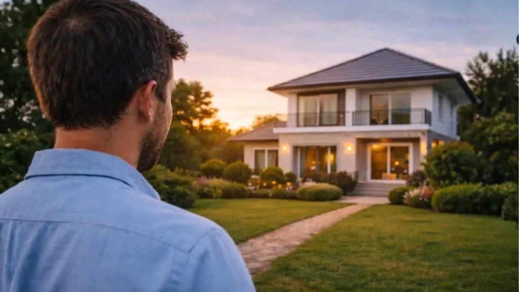 Homem Observando Casa De Alto Padrão Com Jardim Bem Cuidado Representando Decisão Sobre Investir R$ 1 Milhão Em Imóveis E Gerar Renda Mensal