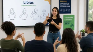 Professor Ensinando Libras Em Sala De Aula Moderna Com Alunos Praticando Linguagem De Sinais E Comunicação Inclusiva