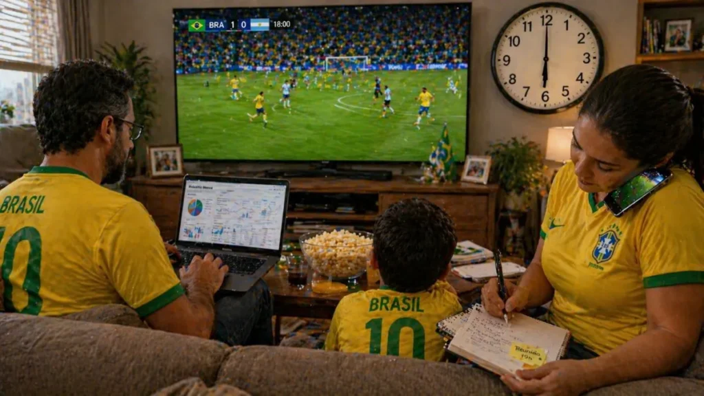 Família Com Camisas Do Brasil Assistindo Jogo Na Tv Às 18H, Pai Usando Notebook Enquanto Trabalha E Mãe Anotando Com Celular Apoiado No Ombro.