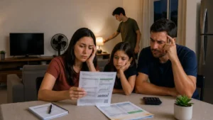 Família Reunida À Mesa Analisando Conta De Luz Com Expressão De Preocupação Enquanto Um Adulto Ao Fundo Desliga O Abajur Para Economizar Energia