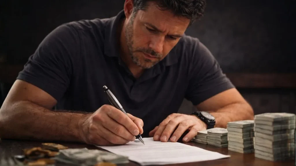 Homem Assinando Documento Financeiro Com Expressão Preocupada Enquanto Dinheiro Está Sobre A Mesa, Representando Erro Ao Lidar Com Grande Quantia E Perda De Patrimônio