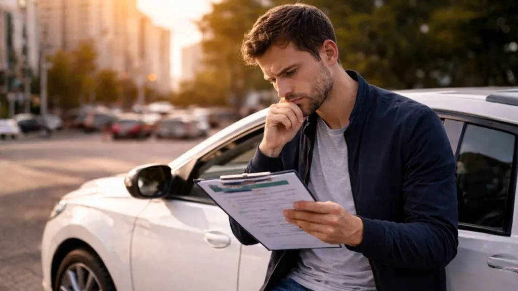 Homem Analisando Seguro De Carro Ao Lado Do Veículo Avaliando Custo E Cobertura De Seguro Automotivo