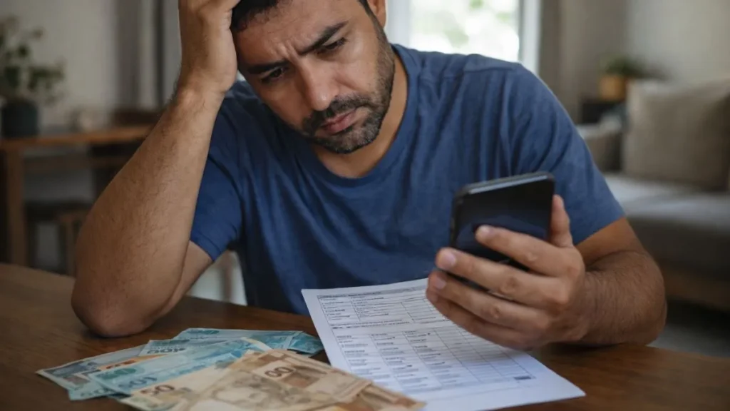Trabalhador Preocupado Analisando Salário Após Possível Fim Da Escala 6X1 E Impacto Na Renda Mensal