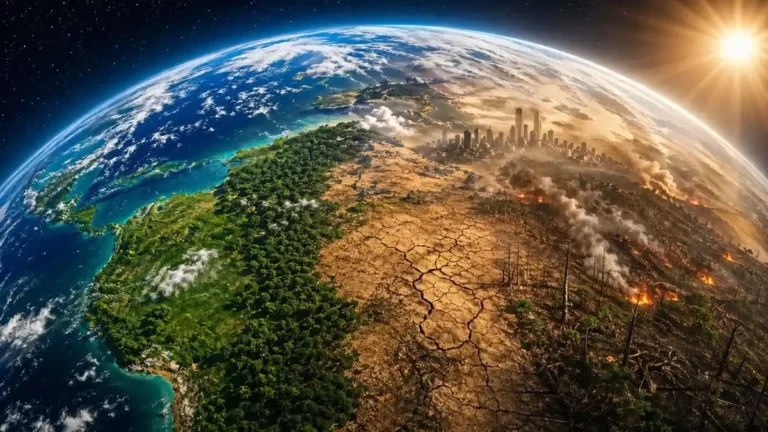 Planeta Terra Visto Do Espaço Com Contraste Entre Área Preservada Verde E Região Degradada Com Queimadas, Seca E Cidade Poluída Ao Fundo