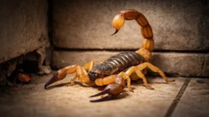 Escorpião Amarelo Em Destaque Sobre Piso Dentro De Ambiente Doméstico, Com Ferrão Levantado E Aparência Ameaçadora Próximo A Parede