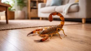 Escorpião Marrom De Tamanho Natural Sobre Piso De Madeira Dentro De Uma Sala, Com Sofá E Decoração Desfocados Ao Fundo.