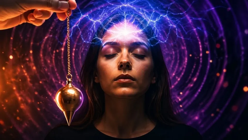 Mulher Em Estado De Hipnose Com Olhos Fechados Enquanto Um Pêndulo É Conduzido À Frente Do Rosto, Representando O Foco Mental E O Funcionamento Da Mente Durante O Processo Hipnótico