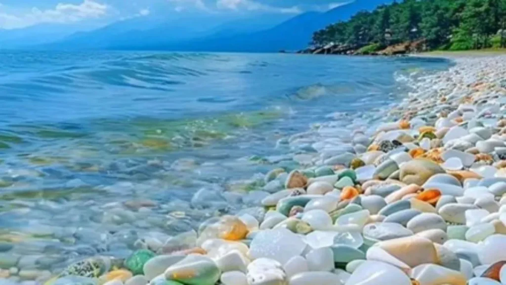Praia Com Pedras Coloridas E Lisas À Beira De Um Mar Cristalino, Com Água Transparente, Montanhas Ao Fundo E Céu Azul Com Nuvens