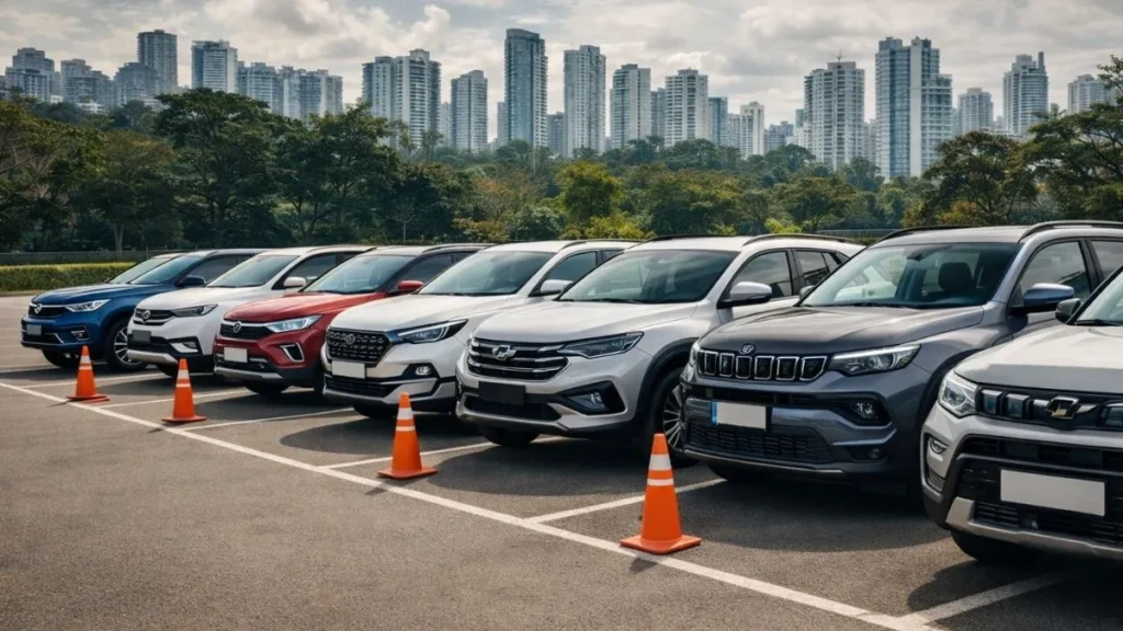 Frota De Suvs Alinhados Em Estacionamento Urbano, Representando Investimento Em Carros Para Locação Com Foco Em Seguro Automotivo E Geração De Renda