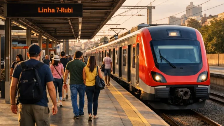 Passageiros Caminham Na Plataforma Da Linha 7-Rubi Em São Paulo Com Trem Moderno Ao Fundo Durante Feriado, Mostrando Opção De Lazer Econômico E Mobilidade Urbana