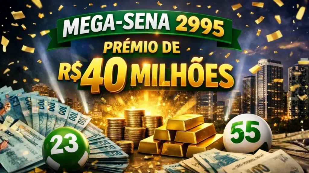 Imagem Ilustrativa Da Mega-Sena 2995 Com Destaque Para Prêmio Acumulado De R$ 40 Milhões, Representado Por Dinheiro, Ouro E Cidade Ao Fundo