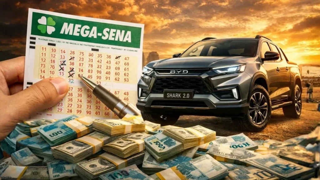 Volante Da Mega-Sena Sendo Marcado Com Caneta Ao Lado De Pilhas De Dinheiro E Uma Picape Byd Shark 2.0 Turbo, Representando O Prêmio De R$ 60 Milhões Do Concurso 2998