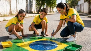 Crianças E Adulto Pintando A Bandeira Do Brasil No Asfalto Com Pincéis Em Rua Tranquila, Com Foco No Primeiro Plano E Fundo Desfocado