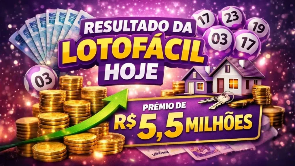 Resultado Da Lotofácil Hoje: Veja Os Números Do Concurso 3655 1 Ilustração Da Lotofácil Com Moedas, Dinheiro, Casas E Bolas De Sorteio Destacando Prêmio De R$ 5,5 Milhões