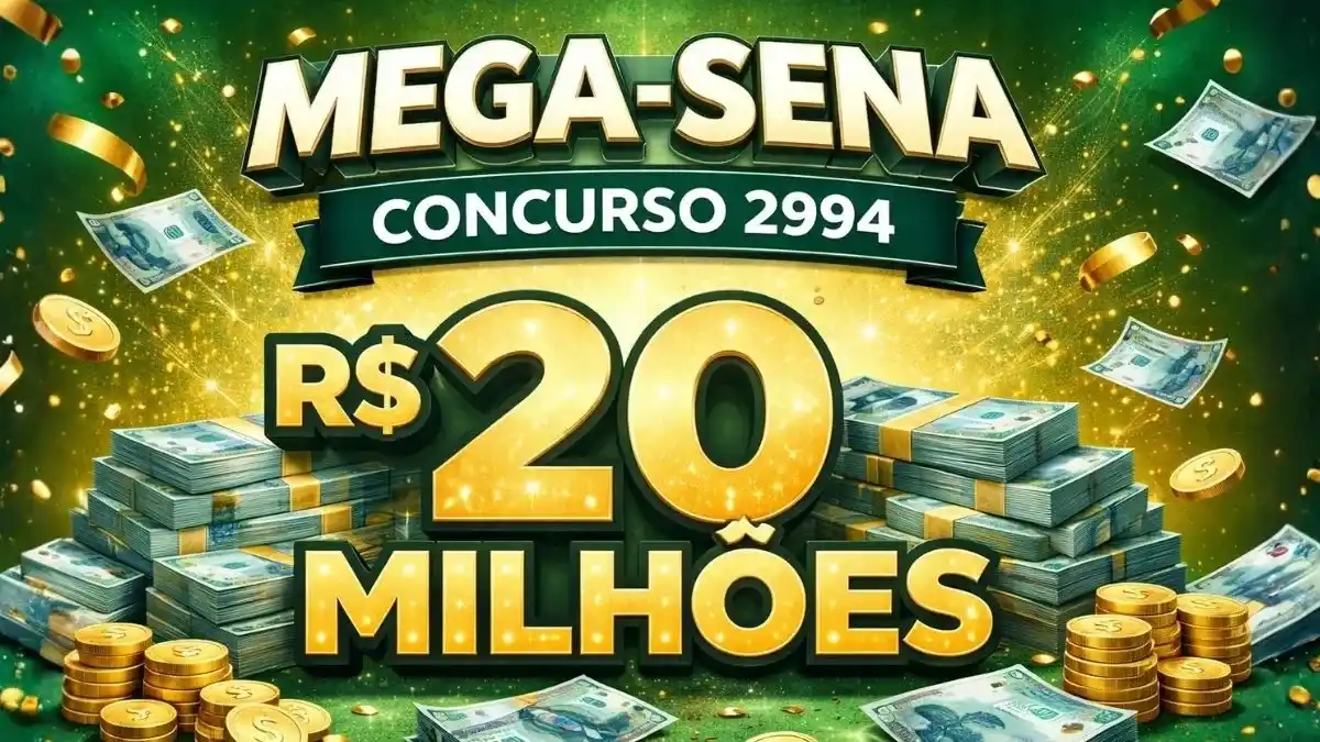 Imagem ilustrativa da Mega-Sena com destaque para prêmio milionário, dinheiro em espécie e moedas, representando o concurso 2994 com estimativa de R$ 20 milhões