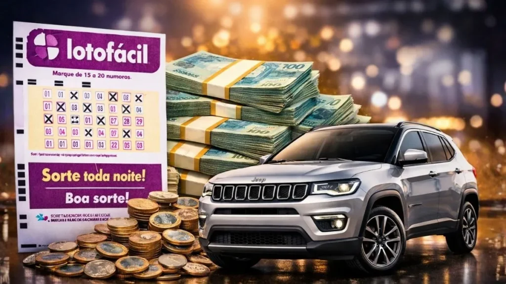 Volante Da Lotofácil Com Dinheiro Em Destaque E Jeep Compass Representando O Prêmio Milionário Do Sorteio