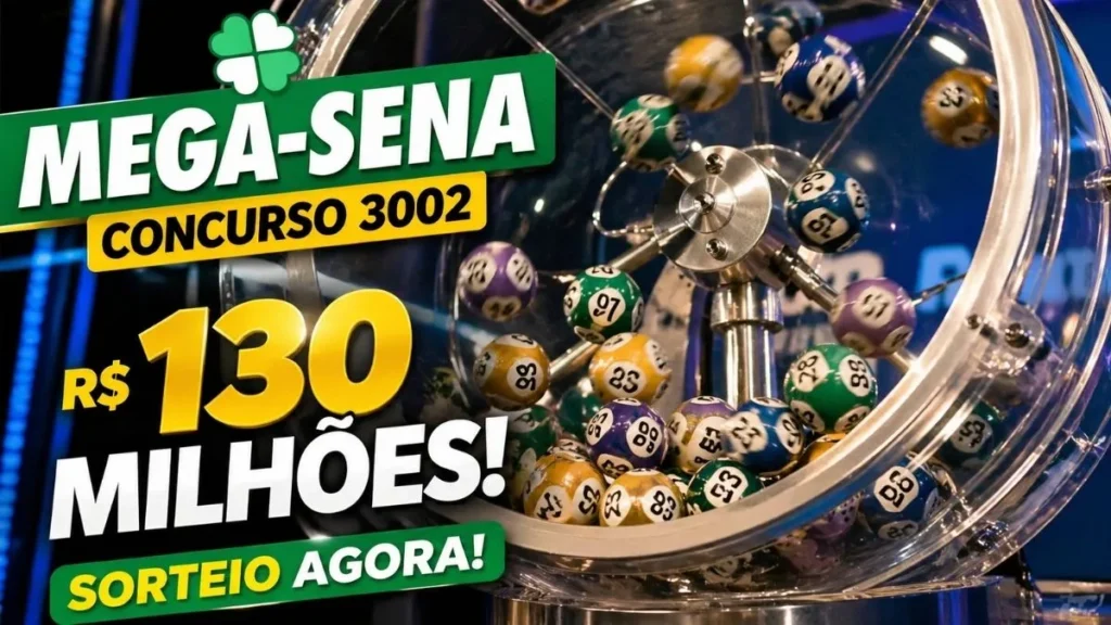 Volante Da Mega-Sena Em Destaque Com Dezenas Marcadas E Fundo De Sorteio Ao Vivo, Representando Prêmio Acumulado De R$ 130 Milhões No Concurso 3002