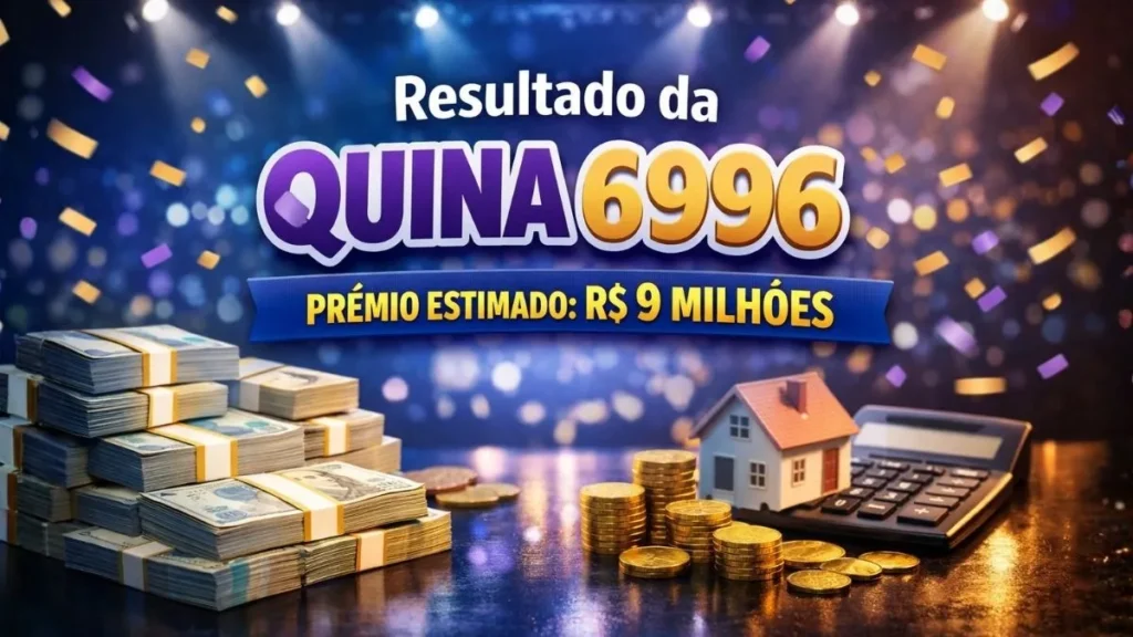 Imagem De Destaque Da Quina Com Destaque Para Prêmio Milionário, Mostrando Dinheiro, Moedas E Uma Casa Ao Lado De Uma Calculadora Em Cenário Iluminado.