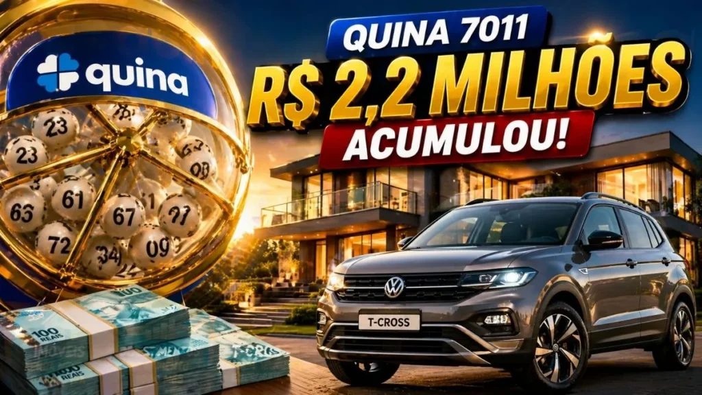 Volante Da Quina Com Bolas Numeradas Ao Lado De Casa Moderna E Um Volkswagen T-Cross, Com Destaque Para Prêmio Acumulado De R$ 2,2 Milhões.