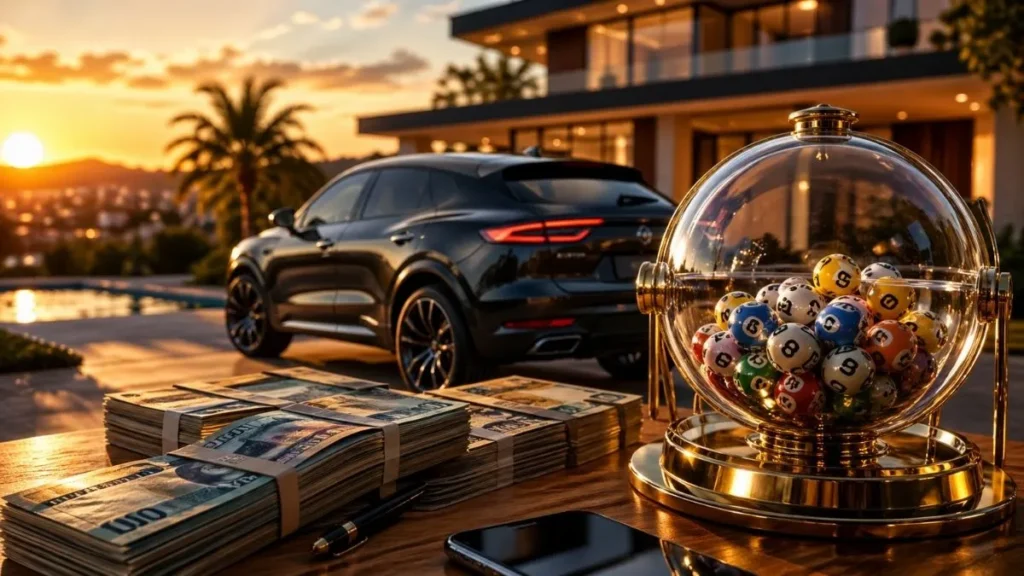 Pilhas De Dinheiro Sobre Mesa Com Máquina De Sorteio Ao Lado, Suv Moderno Estacionado E Casa De Alto Padrão Ao Fundo, Simbolizando Investimento, Renda Mensal E Uso Estratégico De Prêmio Milionário