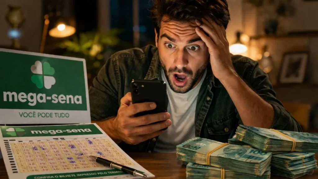 Homem Surpreso Confere Resultado Da Mega-Sena No Celular Ao Lado De Volante Preenchido E Dinheiro Sobre A Mesa