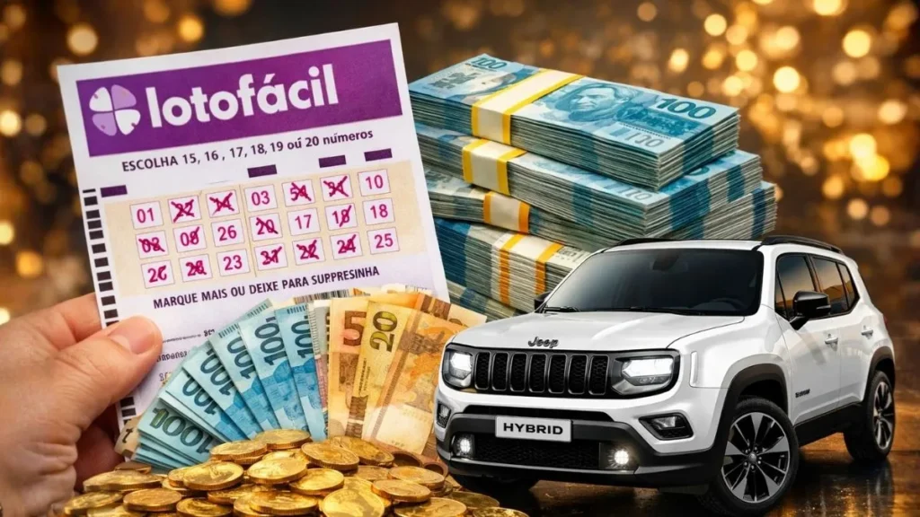 Volante Da Lotofácil Com Dinheiro Em Reais E Jeep Renegade Híbrido 2026 Representando O Valor Do Prêmio E Possibilidades De Investimento Após O Resultado Lotofácil Hoje