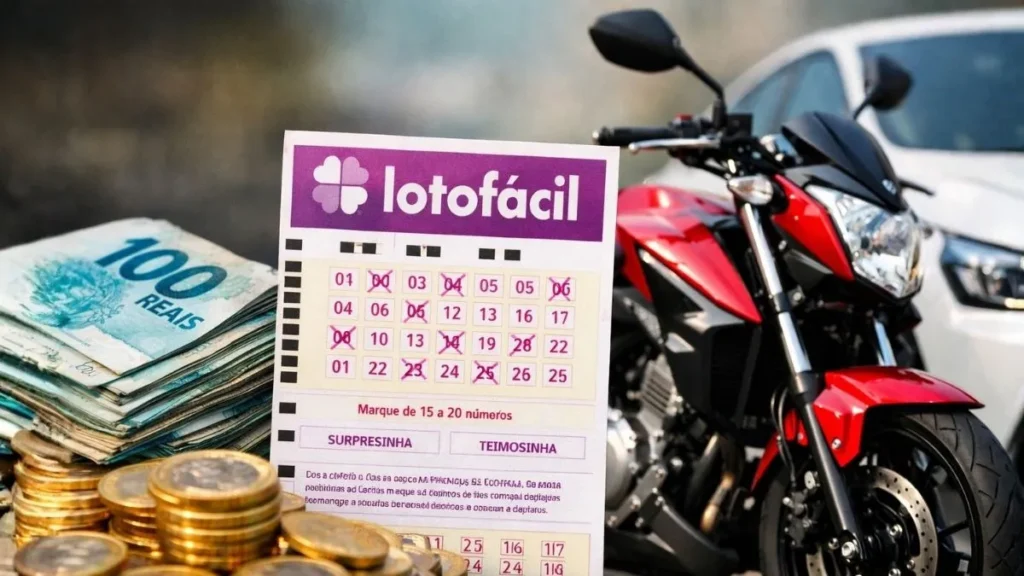 Resultado Da Lotofácil Em Destaque Com Volante Preenchido, Dinheiro Em Reais, Motocicleta Esportiva E Carro Ao Fundo Representando Prêmio E Possibilidades Financeiras