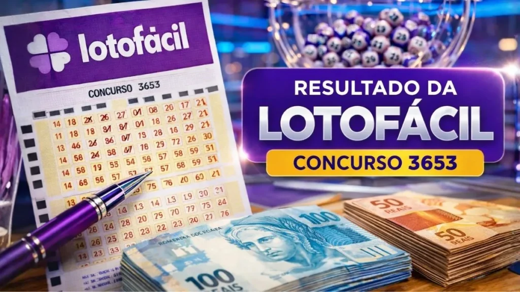 Resultado Atualizado Da Lotofácil 3653 Hoje (04/04/2026): Veja Os 15 Números Sorteados E Quanto Pode Render O Prêmio 3 Bilhete Da Lotofácil Com Dinheiro Ao Lado E Máquina De Sorteio Ao Fundo Durante Resultado Do Concurso 3653