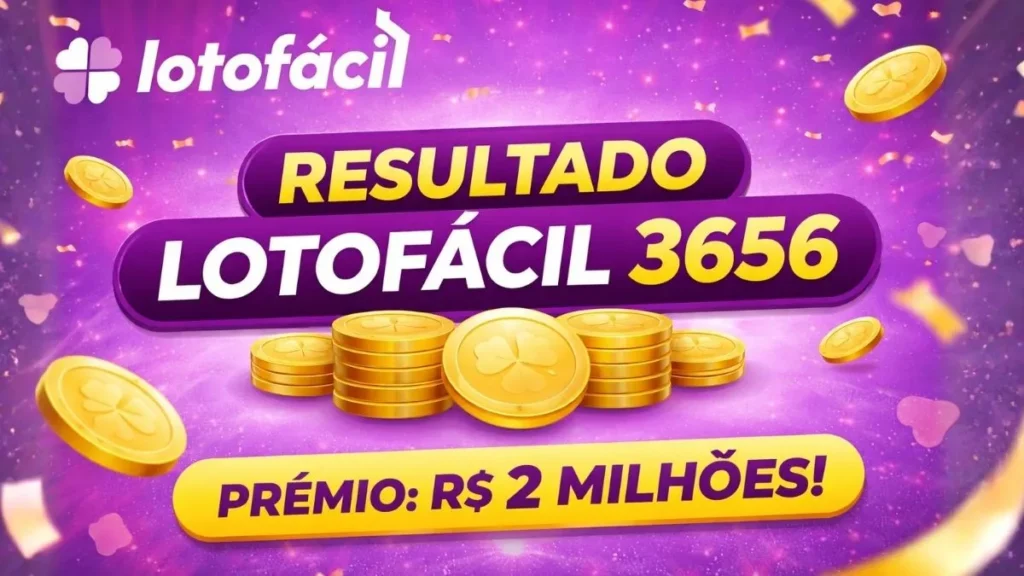 Resultado Da Lotofácil 3656 Com Prêmio Estimado De R$ 2 Milhões Em Destaque Sobre Fundo Roxo Com Moedas Douradas