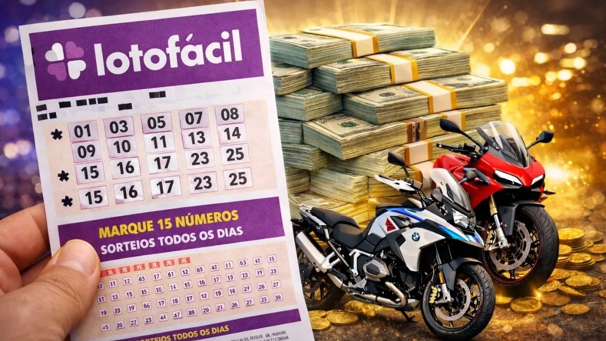 Resultado da Lotofácil hoje com volante ampliado, dinheiro em destaque e motos de luxo representando o prêmio de R$ 7 milhões