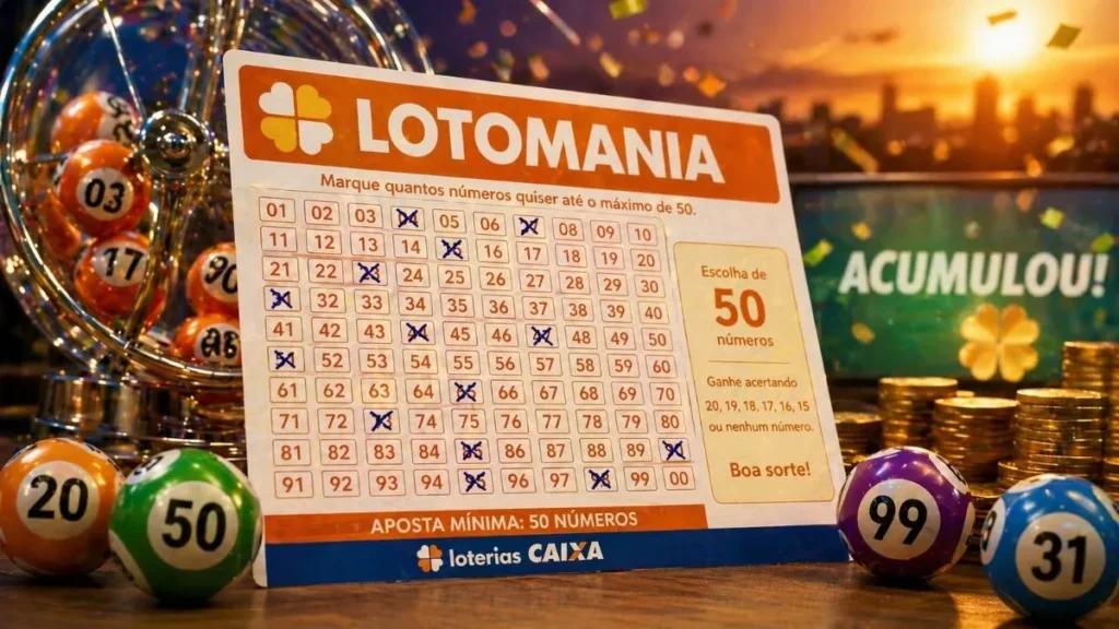 Volante Da Lotomania Com Números Marcados E Bolas Numeradas Ao Redor, Representando O Resultado Da Lotomania Hoje E O Prêmio Estimado Do Concurso.