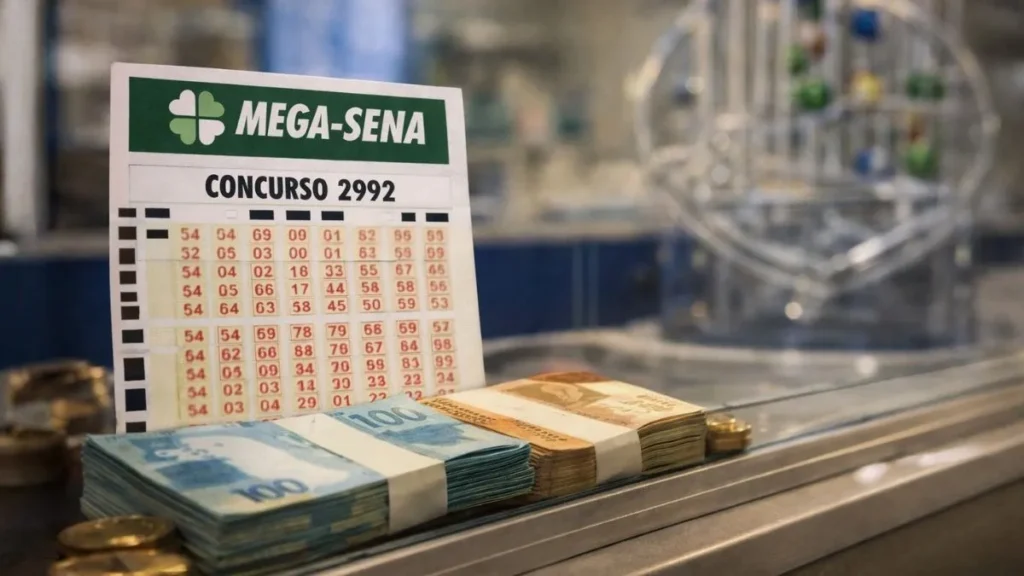 Bilhete Da Mega-Sena Sobre Balcão De Lotérica Com Dinheiro Ao Lado E Máquina De Sorteio Ao Fundo Desfocada