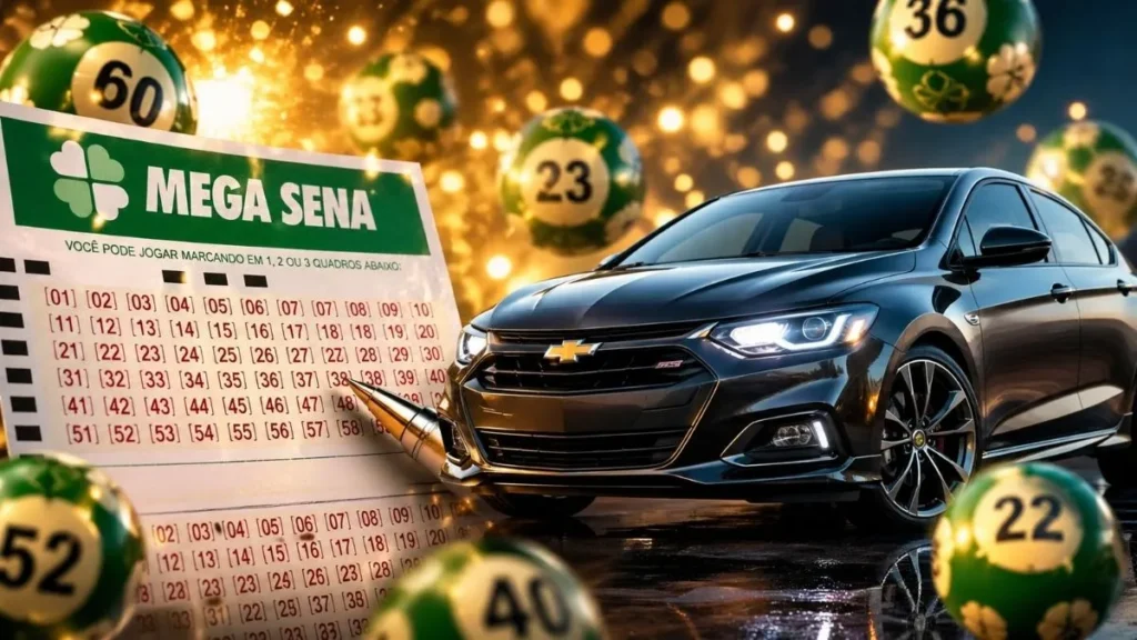 Volante Da Mega-Sena Em Destaque Com Caneta Marcando Números, Bolas De Sorteio Ao Fundo E Carro Esportivo Moderno Ao Lado Representando Prêmio Milionário Acumulado