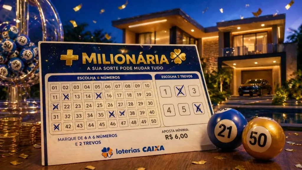 Volante Da +Milionária Com Números Marcados E Trevos Em Destaque Ao Lado De Casa De Alto Padrão, Representando O Resultado Da +Milionária Hoje E O Impacto Do Prêmio Acumulado.