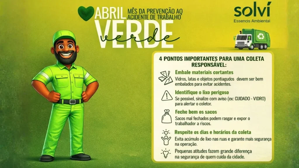 Ilustração Do Abril Verde Com Coletor De Lixo Uniformizado Em Verde Ao Lado De Painel Educativo Com Orientações Sobre Descarte Seguro De Resíduos E Prevenção De Acidentes De Trabalho.